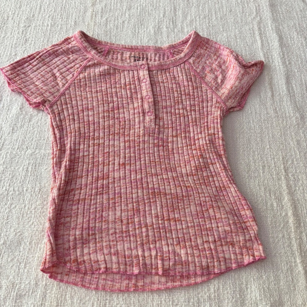 American Eagle Pink Orange Space Dye Ribbed Henley Top Short Sleeve Medium